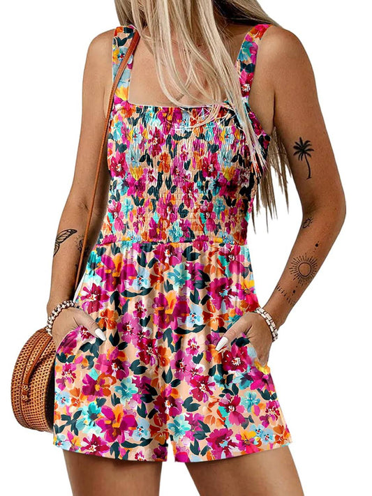 🌺Summer Hot Sale 50% OFF💐Women's Summer Square Neck Sleeveless Loose Casual Short Smocked Romper✨