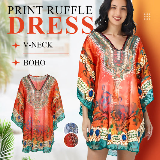 🎉2025 New Products Hot Sale✨V-Neck Boho Print Ruffle Dress
