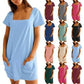 🔥Hot Sale👗Women's Casual Square Neck Pocket Short Sleeve Dress with Pockets💕