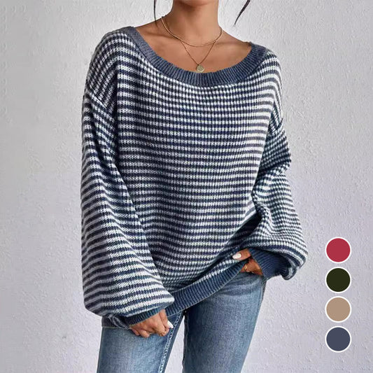 Naisten Loose-Fit Off-Shoulder raidallinen neulepusero