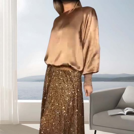 🔥Suuri myynti 50% POIS🔥Naisten pitkähihainen Top & Sequin Maxi hame kaksiosainen setti