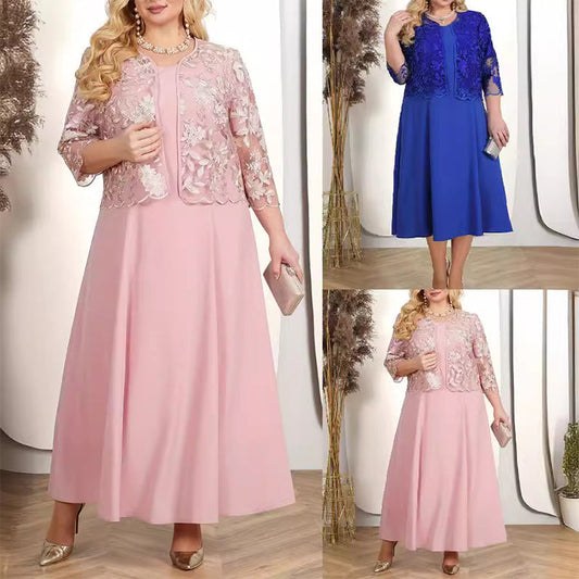 👑Hot Sale🎁Haute Couture luxury|Lace embroidered jacket × satin solid evening dress set