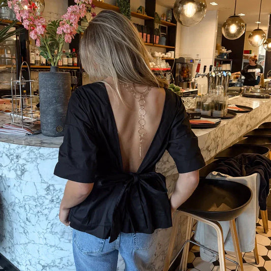 Women's Black Backless Tie-Waist Blouse