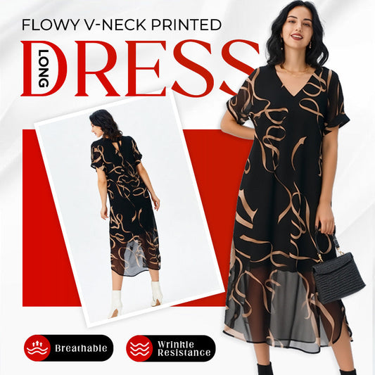 💥✨Flowy V-Neck Printed Long Dress