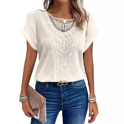 ✨50% OFF✨Women's Solid Crochet Crew Neck Short-Sleeve Tops