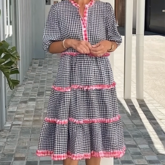 🤩Sweet and Fresh Plaid Color-Block Cake Ruffle Dress
