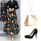 Women's Fashion High Waist Floral Pleated Long Skirt