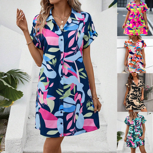 ✨Women's Fashion Floral Print Short Sleeve Shirt Dress